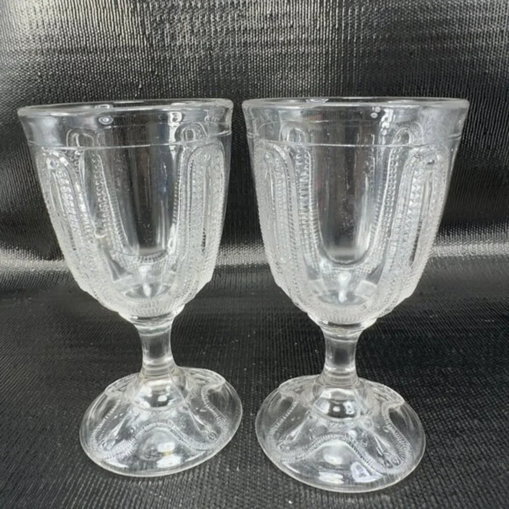 1880s EAPG Adams Glass Curtain Tie‎ Back Goblets Set 2 Manganese 365nm UV Glow
